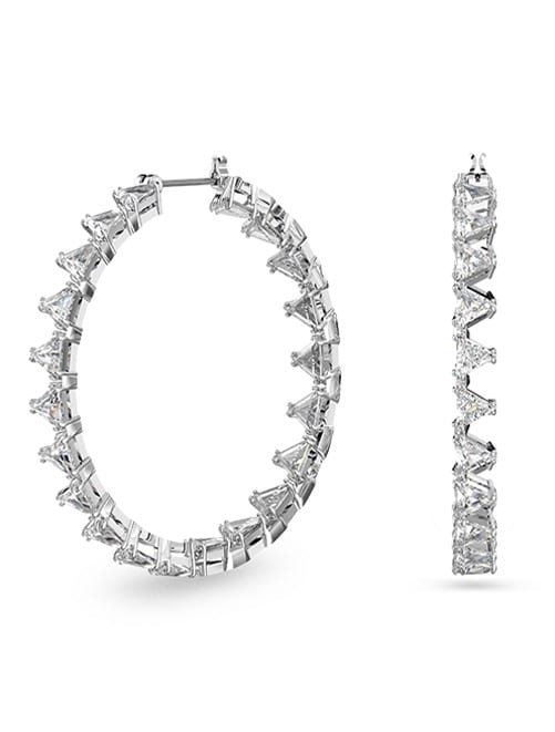 Ortyx hoop earrings, Triangle cut, Large, White, Rhodium plated
