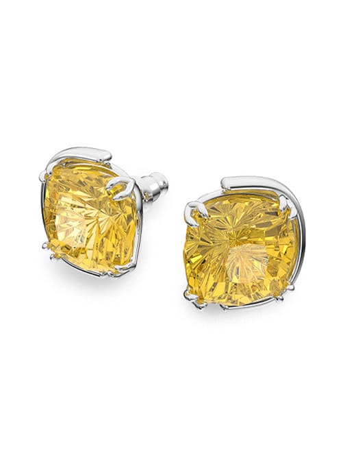 Harmonia stud earrings, Cushion cut, Yellow, Rhodium plated