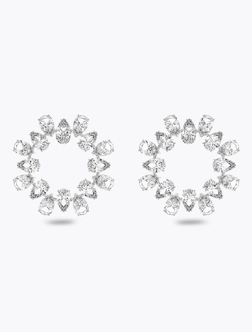 Millenia hoop earrings, Circle, Pear cut, Medium, White, Rhodium plated