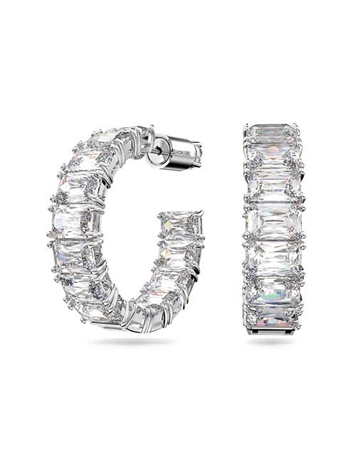 Millenia hoop earrings, Octagon cut, White, Rhodium plated