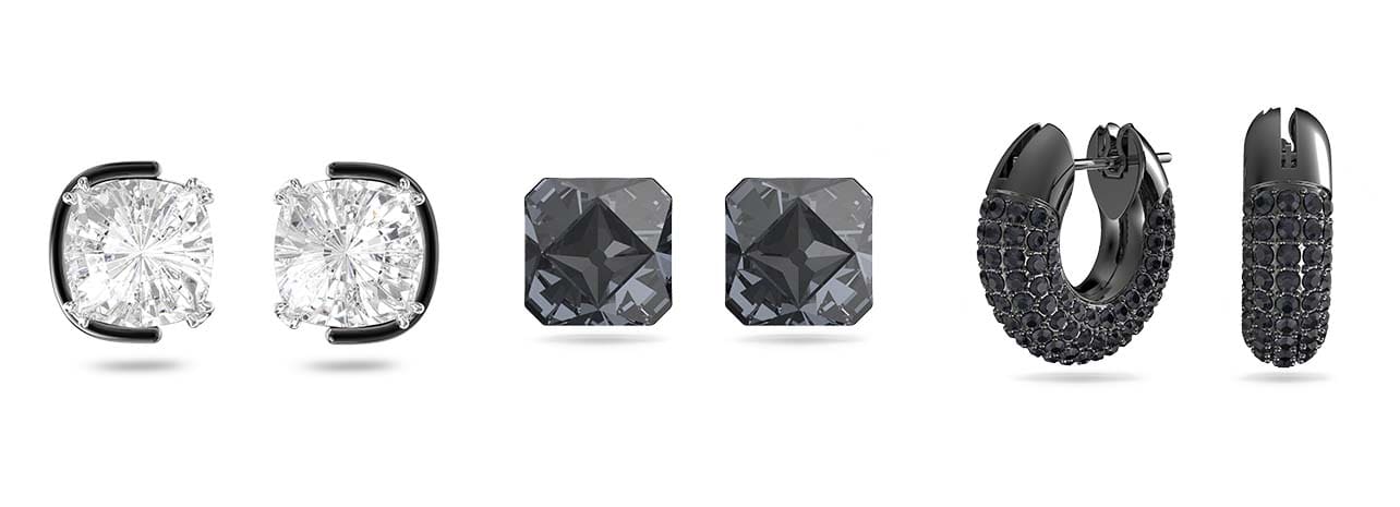 Clous d'oreilles Harmonia, Taille coussin, Blancs, Finition mix de métal ; Clous d'oreilles Ortyx, Taille pyramide, Gris, Métal plaqué ruthénium ; Anneaux d'oreilles Dextera, Pavés, Petits, Noirs, Métal plaqué ruthénium