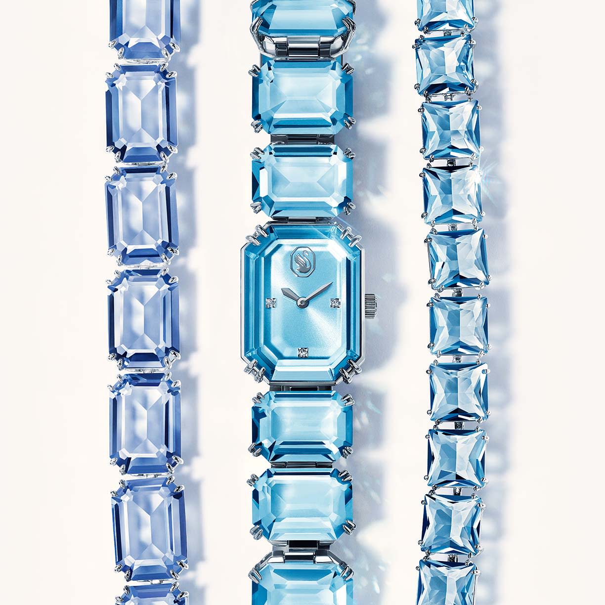 Millenia bracelet, Octagon cut, Blue, Rhodium plated; Watch, Octagon cut bracelet, Blue, Stainless Steel; Millenia bracelet, Square cut, Medium, Blue, Rhodium plated