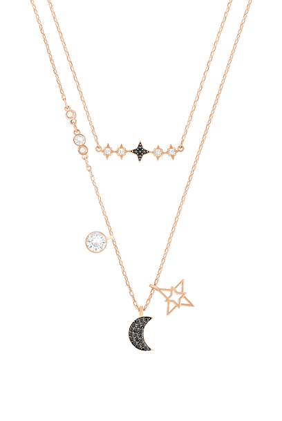 Náhrdelník Swarovski Symbolic, sada (2), měsíc a hvězda, černá, pokoveno v růžovozlatém odstínu