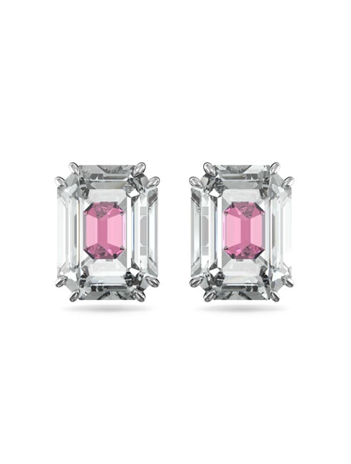 Chroma stud earrings, Octagon cut, Pink, Rhodium plated