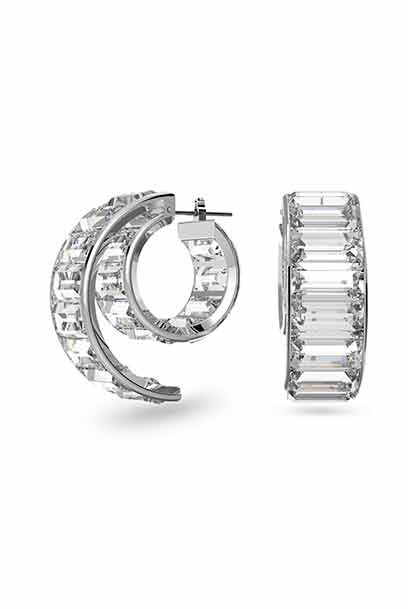 Matrix hoop earrings Baguette cut, White, Rhodium plated