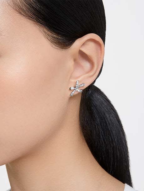 Volta stud earrings, Bow, Small, White, Rhodium plated