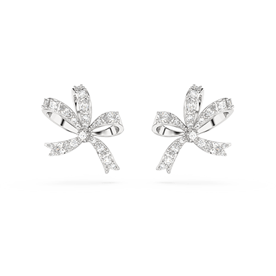 Volta stud earrings, Bow, Small, White, Rhodium plated