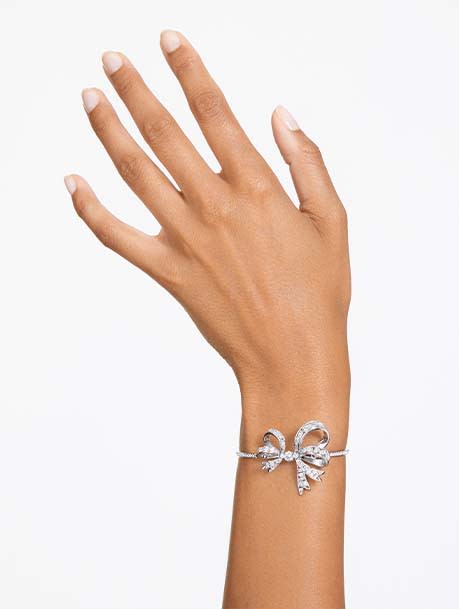 Volta bangle, Bow, White, Rhodium plated