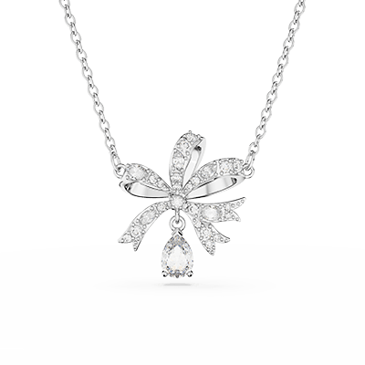 Volta necklace, Bow, Small, White, Rhodium plated