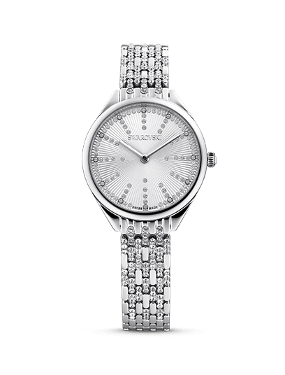 Attract watch, Swiss Made, Full pavé, Metal bracelet, Silver tone, Stainless steel