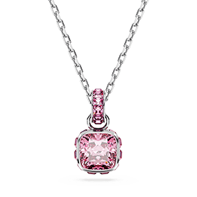 Birthstone pendant Square cut, October, Pink, Rhodium plated