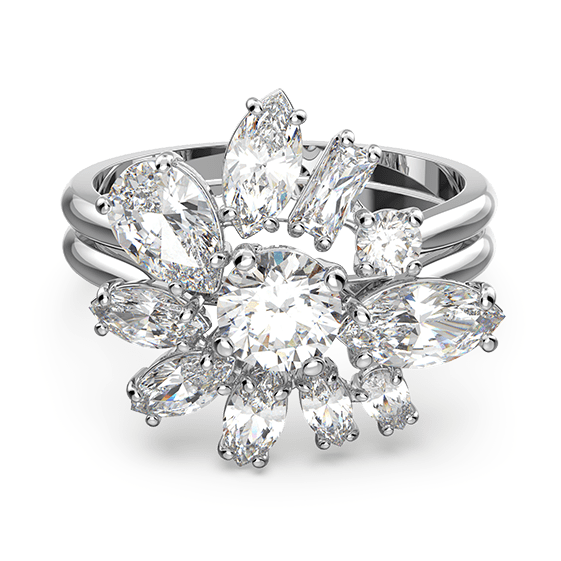 Gema cocktail ring, Mixed cuts, Flower, White, Rhodium plated