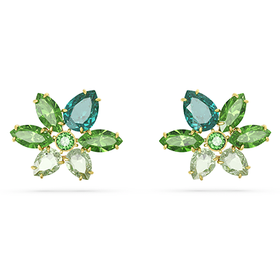 Gema stud earrings, Mixed cuts, Flower, Green, Gold-tone plated