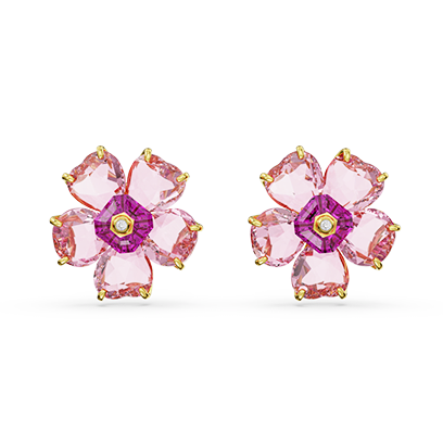 Florere stud earrings, Flower, Pink, Gold-tone plated