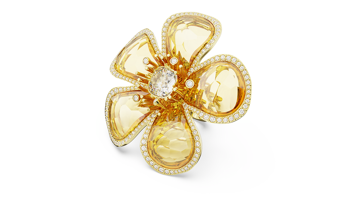 Florere cocktail ring, Flower, Yellow, Gold-tone plated