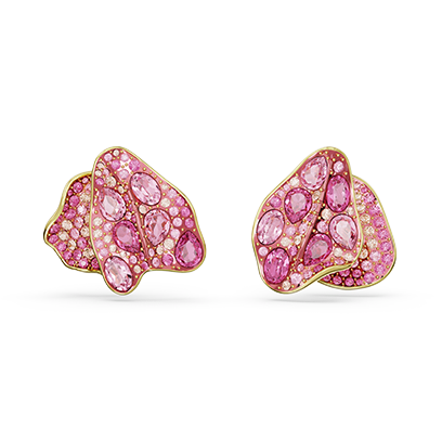 Florere stud earrings, Asymmetrical design, Flower, Pink, Gold-tone plated
