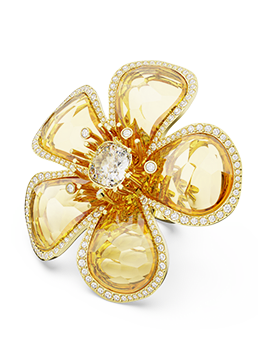 Florere cocktail ring Flower, Yellow, Gold-tone plated