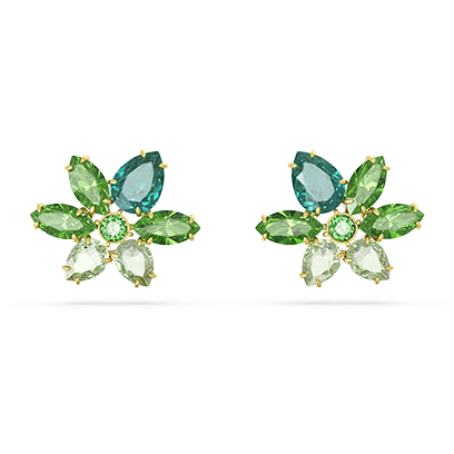 Gema stud earrings Mixed cuts, Flower, Green, Gold-tone plated