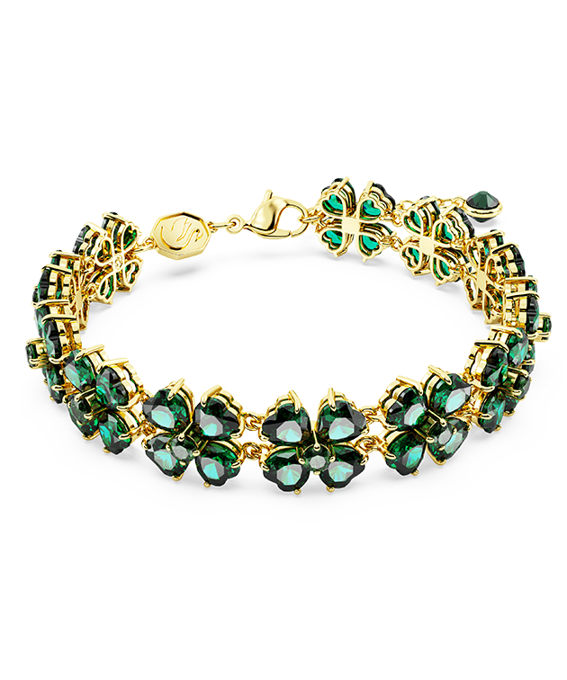 Idyllia bracelet, Mixed cuts, Multiple clover, Green, Gold-tone plated