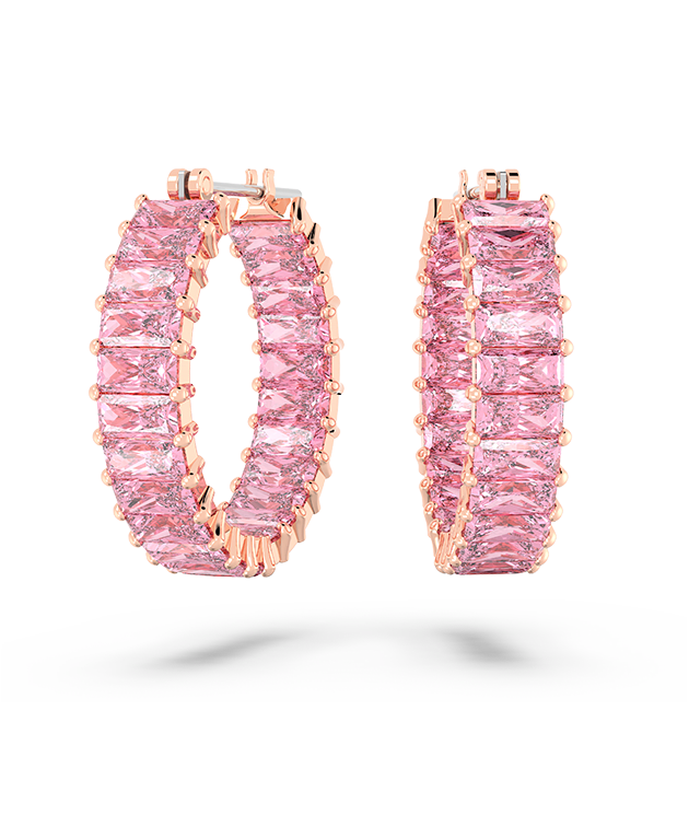 Matrix hoop earrings, Baguette cut, Pink, Rose gold-tone plated