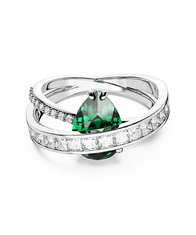 Hyperbola cocktail ring, Carbon neutral zirconia, Mixed cuts, Double bands, Green, Rhodium plated