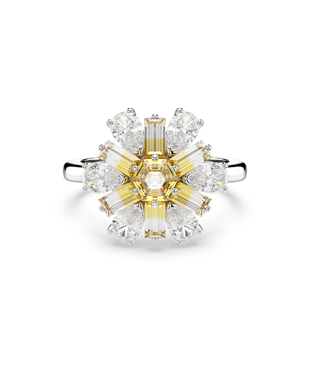 Idyllia cocktail ring, Mixed cuts, Flower, Yellow, Rhodium plated