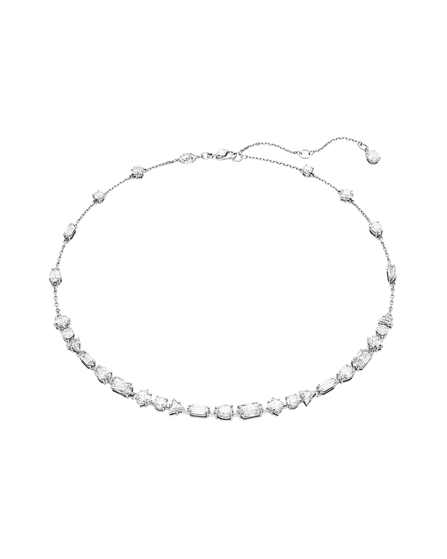 Mesmera necklace, Mixed cuts, Scattered design, White, Rhodium plated