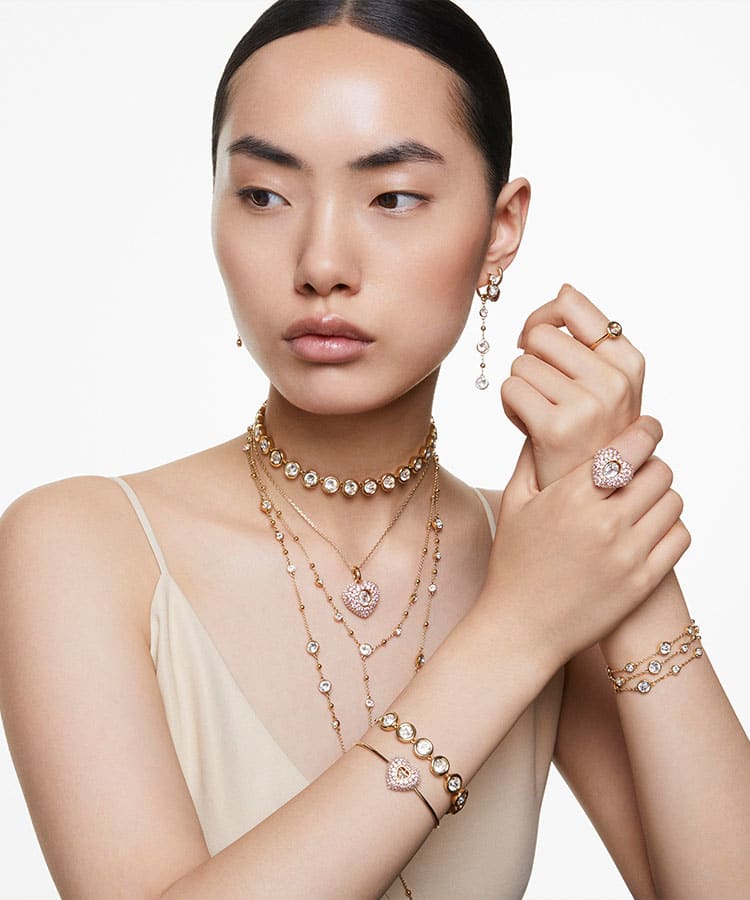 Imber Y necklace, Round cut, Scattered design, White, Gold-tone plated
