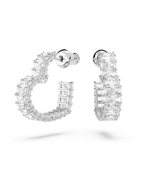 Matrix Hoop Earrings, Heart, Small, White, Rhodium plated