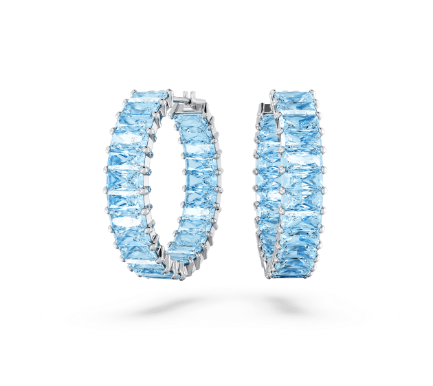 Matrix Hoop Earrings, Baguette cut, Blue, Rhodium plated