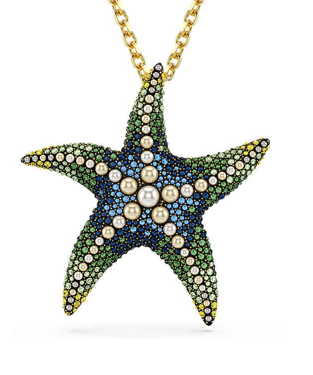Idyllia pendant and brooch, Crystal pearls, Starfish, Multicolored, Gold-tone plated