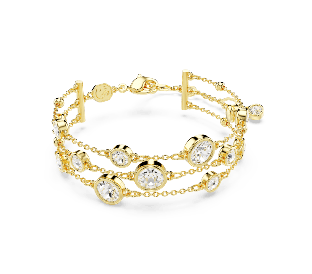 Imber wide bracelet, Round cut, White, Gold-tone plated