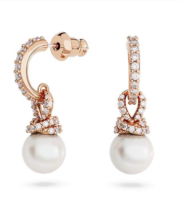 Originally drop earrings, White, Rose gold-tone plated