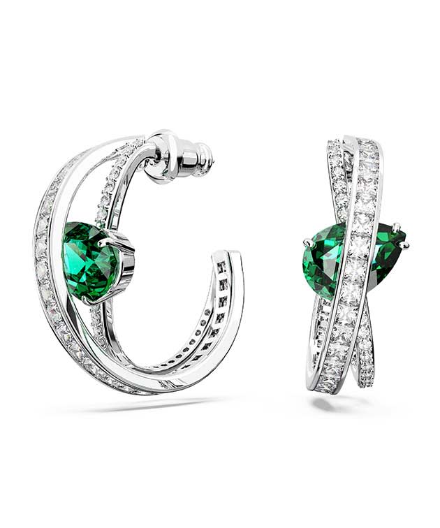 Hyperbola hoop earrings, Mixed cuts, Green, Rhodium plated