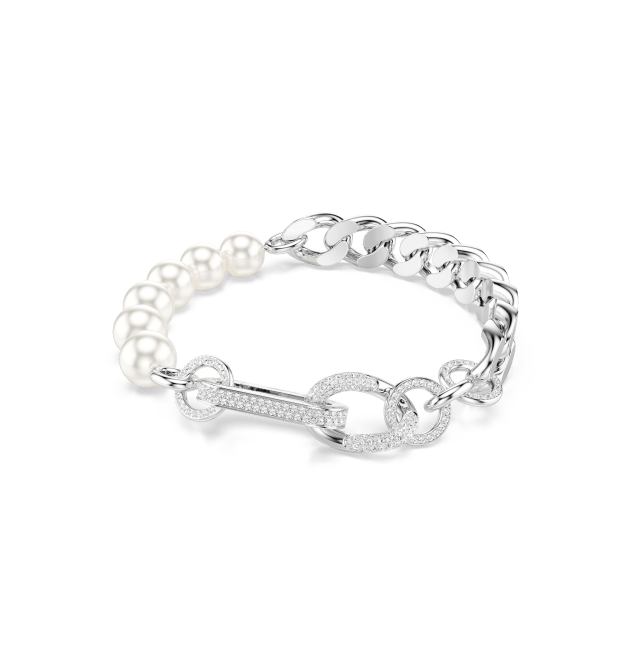 Dextera bracelet, Crystal pearl, Mixed links, White, Rhodium plated