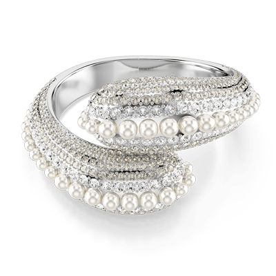 Sublima cuff, Statement, Crystal pearl, Round cut, White, Rhodium plated