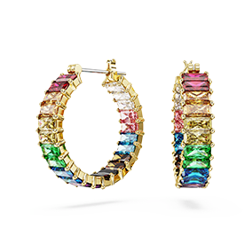 Matrix hoop earrings, Baguette cut, Multicolored, Gold-tone plated