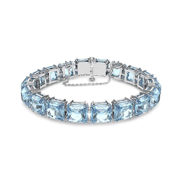 Millenia Tennis bracelet, Square cut, Medium, Blue, Rhodium plated