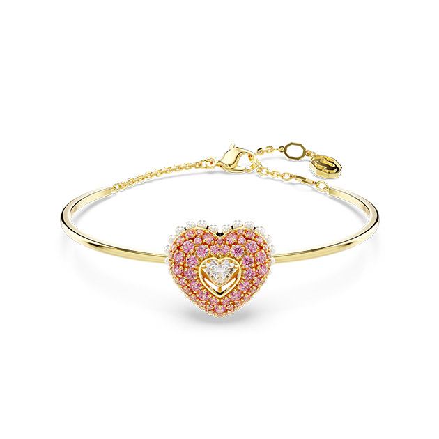 Crystal pearl, Heart, Pink, Gold-tone plated