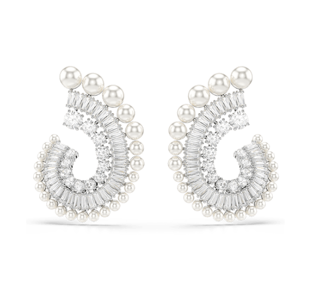 Ariana Grande x Swarovski drop earrings, Crystal Pearl, Mixed cuts, White, Rhodium plated