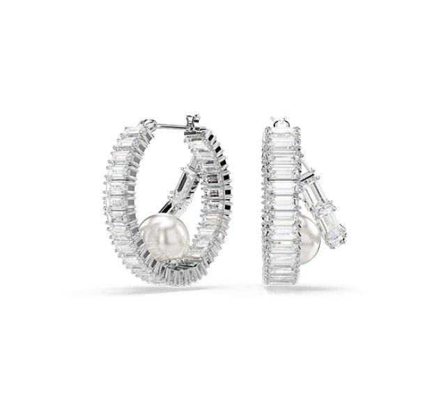 Ariana Grande x Swarovski hoop earrings, Crystal pearl, Baguette cut, White, Rhodium plated
