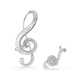 Ariana Grande x Swarovski clip earrings, Asymmetrical design, Crystal pearl, Baguette cut, White, Rhodium plated