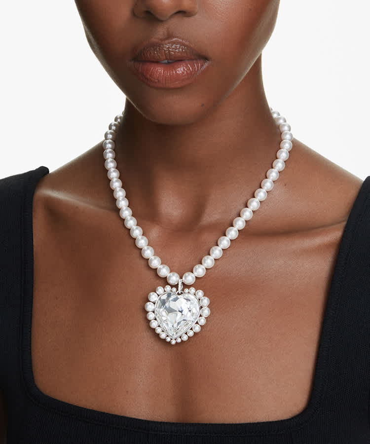 Ariana Grande x Swarovski necklace, Crystal pearl, Heart cut, Heart, White, Rhodium plated