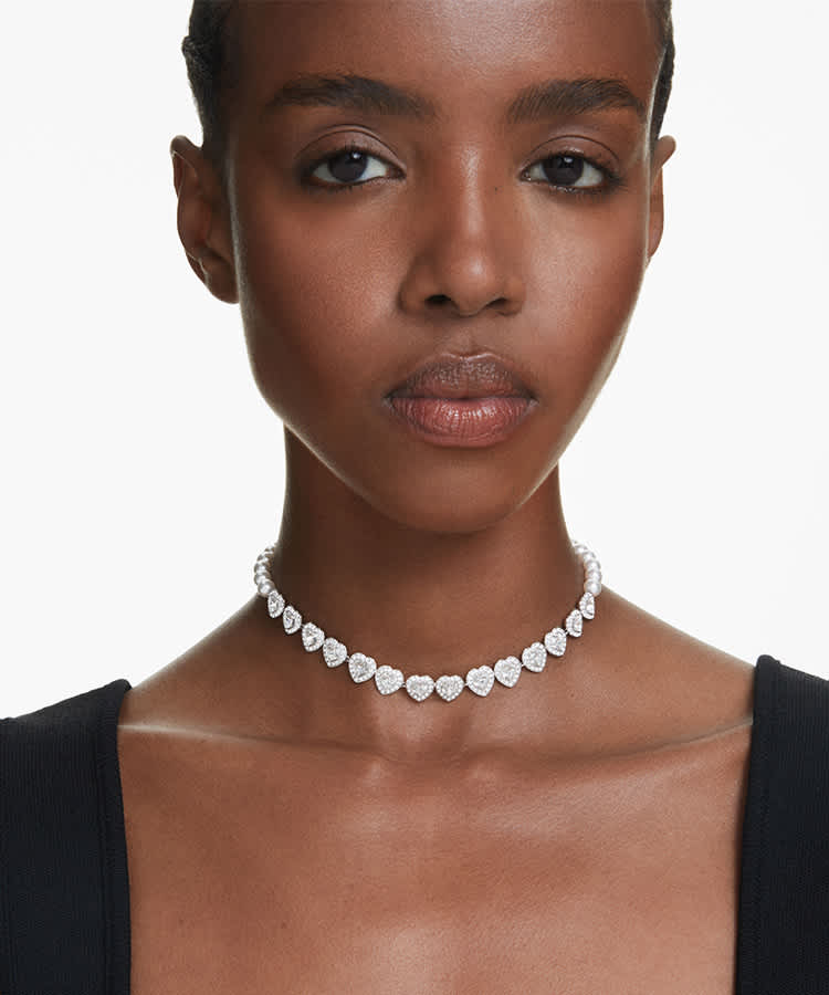 Ariana Grande x Swarovski Tennis choker, Mixed cuts, Heart, White, Rhodium plated