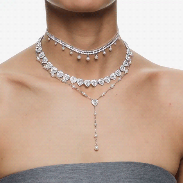 Ariana Grande x Swarovski Y necklace, Crystal pearl, Mixed cuts, Heart, White, Rhodium plated