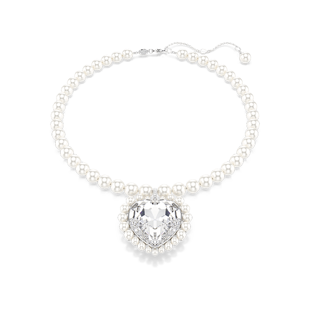 Náhrdelník Ariana Grande x Swarovski, Křišťálová perla, srdcový výbrus, srdce, bílá, pokoveno rhodiem