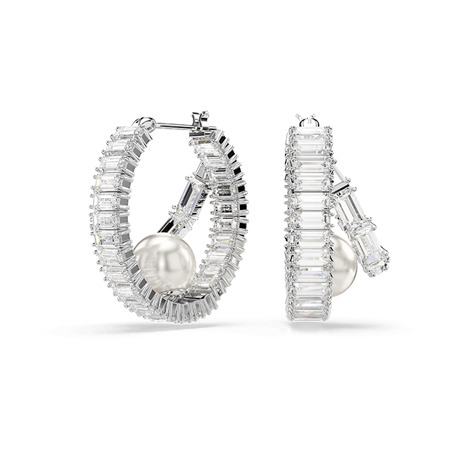 Kruhové náušnice Ariana Grande x Swarovski, Křišťálová perla, bagetový výbrus, bílá, pokoveno rhodiem