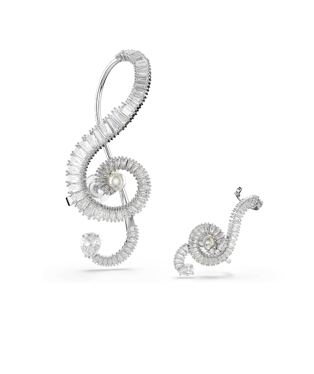 Ariana Grande x Swarovski clip earrings, Asymmetrical design, Crystal pearl, Baguette cut, White, Rhodium plated