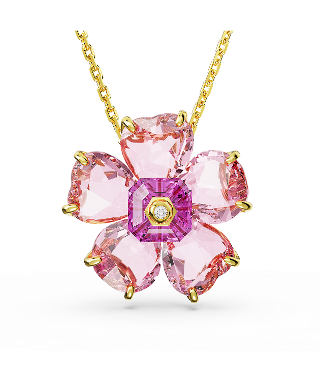 Idyllia necklace, Flower, Pink, Gold-tone plated
