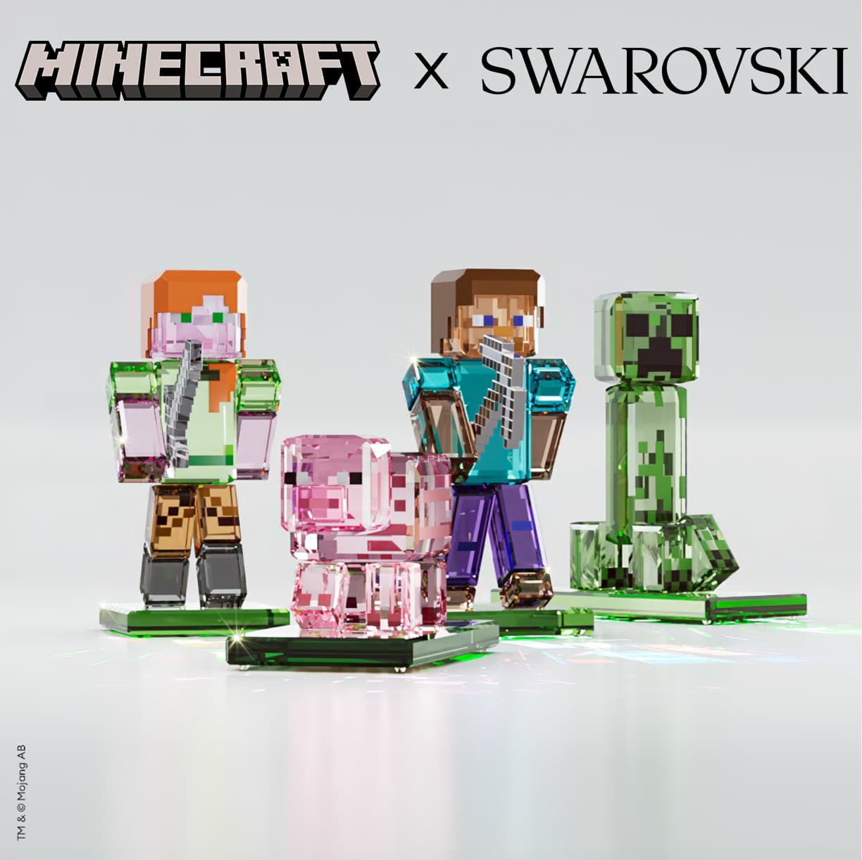 Díla z kolekce Minecraft x Swarovski: Steve, Alex, Creeper a Pig.